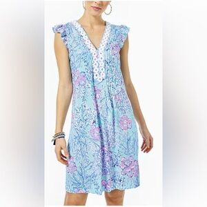 Lilly Pulitzer Light Blue Floral Midi Dress with Pink Accents